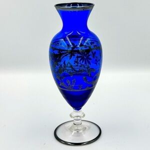 Vintage Cobalt Blue and Sterling Silver Overlay Floral Bud Vase